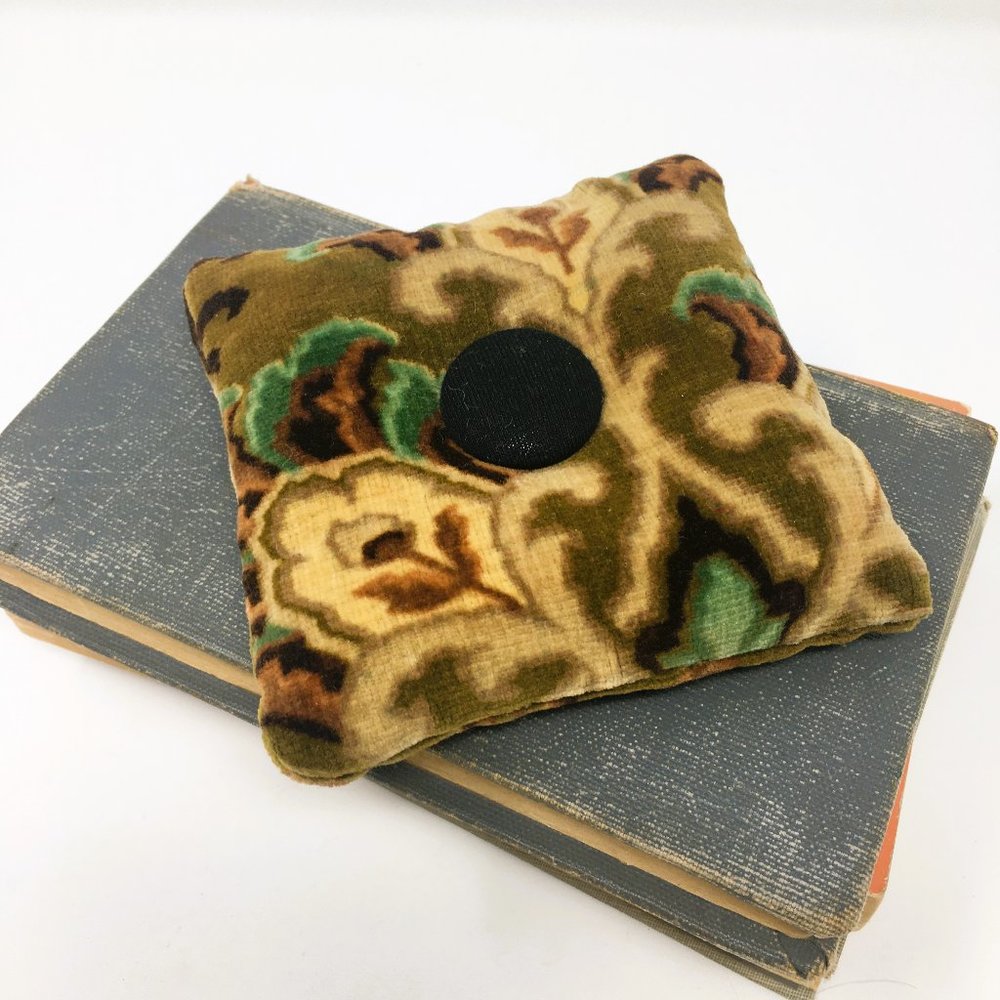 Handmade Vintage Yellow Ochre Velour Baroque Floral Mini Pillow Pin Cushion